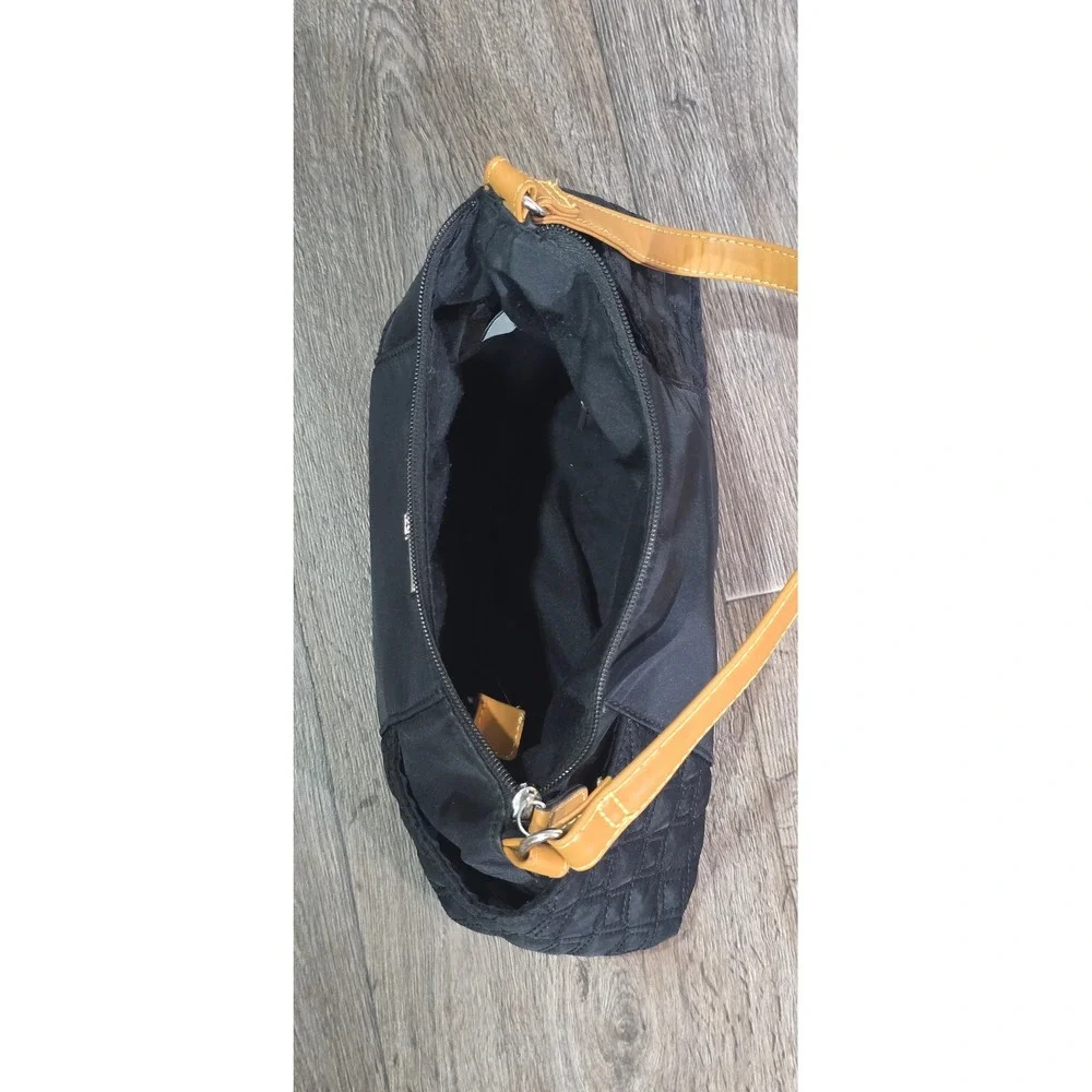 Liz Claiborne Black Quilted Nylon Shoulder‎ Bag with Tan Trim